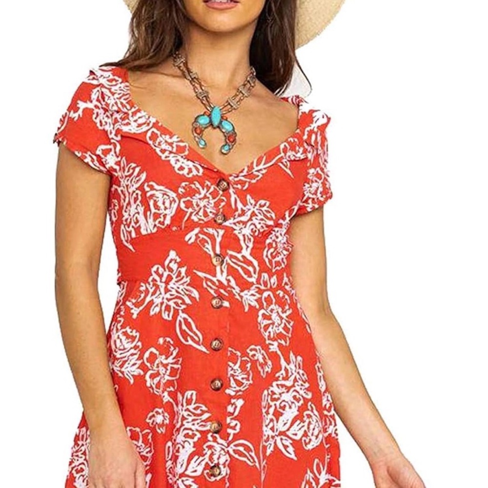 Free People Orange Red Floral Button-Down Dress Size 4